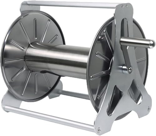 Stainless Steel Garden Hose Reel Wall Mounted Hose Storage Rack with Crank Holds 50M Hose Capacity Durable and Rust Resistant Ideal for Outdoor Use.