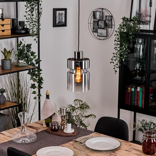HOFSTEIN Hängeleuchte Hasvik, 1-flammige Hängelampe aus Metall/Glas in Schwarz/Chrom/Rauch/Klar, Retro/Vintage-Design (Ø 15cm), E27, Pendelleuchte verstellbar bis 155cm, Esszimmer, Wohnzimmer, Küche