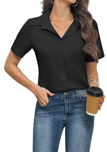 Zeagoo Hemd Damen V-Ausschnitt Bluse Business Hemdbluse Elegant Blusen Kurzarm Oberteile Mit Knöpfen Hemden Lässige Shirt Sommer Top Schwarz XL
