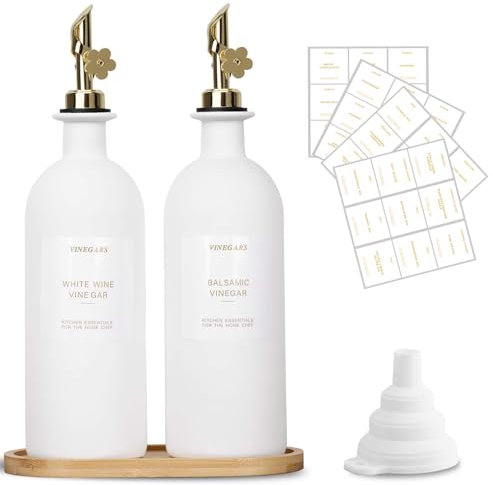 sunal distributeur d'huile d'olive avec plateau 500ml / 16,9 OZ distributeur d'huile de cuisine 2 tasses ensemble distributeur d'huile et de vinaigre avec étiquette entonnoir,blanc