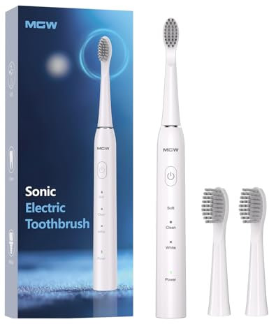 MGW Sonic Electric Toothbrush, USB Rechargeable, Waterproof, Smart Timer, 2 Brush Heads, White