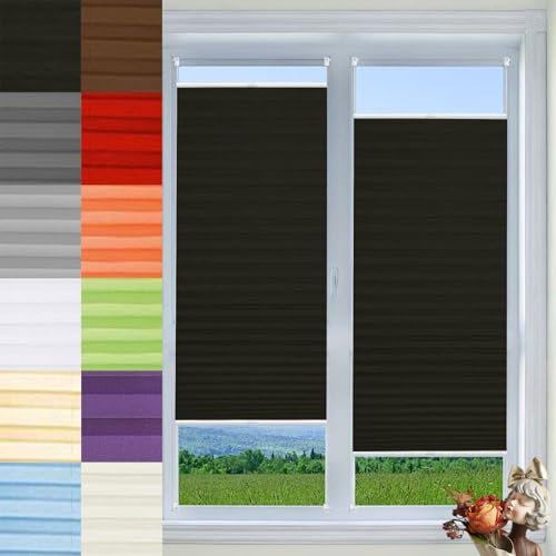 Plissee Ohne Bohren Verdunkelung 40 x 80 cm Verdunklungsplissee Uv-Schutz Faltrollo, Jalousie Zum Klemmen Nach Maß, mit Klemmfix für Fenster & Tür, Schwarz