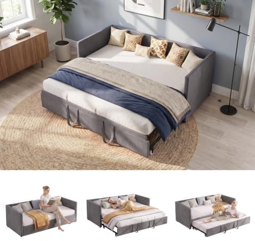Tagesbett Ausziehbar Schlafsofa 90/180x200, Schlafsofa,schlafcouch mit Lattenrost, Schlafcouch ausziehbar,Ausziehbett, Bettsofa,Polsterbett Multifunktionsbett aus Veloursstoff