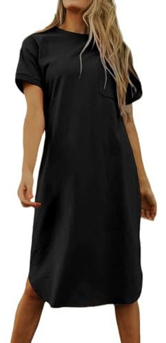 Imily Bela Robe t-shirt pour femme - En coton - Manches courtes - Col rond - Mini robe décontractée avec poches.