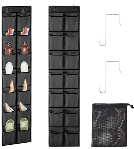 VEGCOO Hanging Shoe Storage, Over Door Shoe Storage Organiser, Door Shoe Rack 14 Large Mesh Pockets 2 Hooks with Drawstring Bag, Hanging Shoe Organiser for Bedroom Bathroom Closet Holder