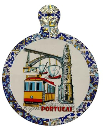 Plato decorativo tradicional portugués para colgar en la pared, de policerámica 3D, con fondo de corcho, hermoso recuerdo de Portugal (Torre de Clérigos y tranvía)