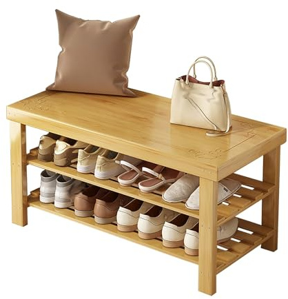 Zapatero de bambú con asiento y estante de almacenamiento, organizador de zapatos de entrada, banco de almacenamiento de zapatos con taburete tallado, asiento para sala de estar (nogal, 50 x 27 x 45