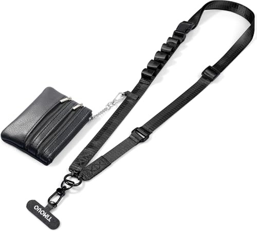 TiMOVO Clip and Go Phone Strap with Leather Wallet Pouch, Black | Crossbody Phone Lanyard with Detachable Zippered Pouch, Adjustable Strap Universal Fit for Most Smartphones