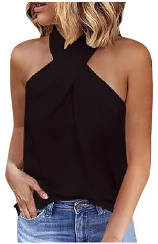 Top Cruzado de Cuello Halter Camisetas sin mangas sexis con cuello halter y espalda descubierta for mujer, camisetas elegantes con cuello cruzado y hombros descubiertos for fiestas en clubes, camiseta