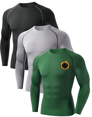 Orrfreer 3 Pack Men's Thermal Long Sleeve Top Fleece Lined Thermal Underwear Quick Dry Compression Base Layer for Football Running,Moisture Wicking Breathable Muscle Support