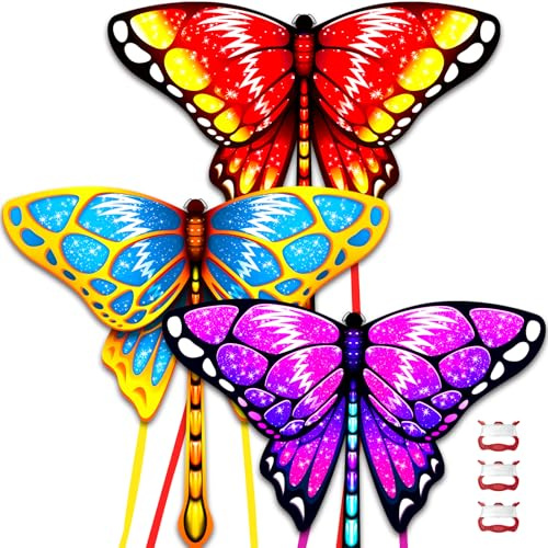 3 Pack Butterfly Kite for Kids Ages 4-8, Easy to Fly Kites for Children Adults Beginners, Outdoor Beach Park Garden Games Toys, Family Trip Activities Birthday Gifts for Boys Girls, Colorful