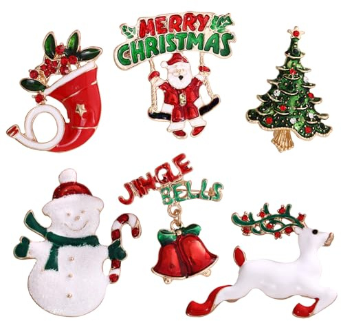6 Stück Weihnachtsbrosche Damen, Weihnachten Brosche, Weihnachtsbaumbrosche, Weihnachtsglockenbrosche, Weihnachtsmann-Brosche, Weihnachtskranzbrosche, Weihnachtsbekleidungszubehör