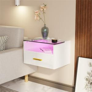 Saitedudu Floating Bedside Table with Charging Station 42x30x26cm LED Wall Mounted Nightstand with 1 Drawer and 2 Compartment Bedside Tables
