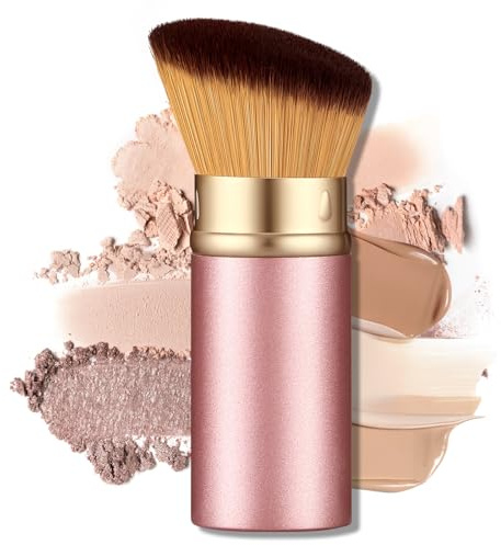 HEYOTECK Retractable Kabuki Travel Makeup Brush, All-in-One Face Brush with Protective Cap, Ultra-Soft Dense Bristles for Powder, Blush, Foundation, Flawless On-the-Go Application(Rose Gold)