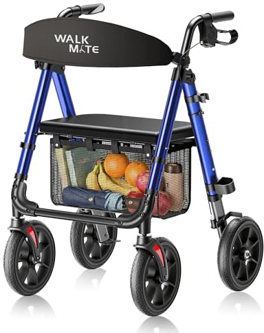 WALK MATE Rollator Faltbar und Leicht mit Sitz,bis 175kg belastbar,Rollator für die Wohnung Indoor&Outdoor mit Rutschfeste Räder,höhenverstellbare Gehhilfe aus Aluminium inkl.Tasche und Stockhalter
