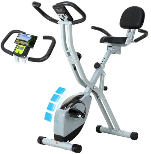 ISE Cyclette da Casa, Cyclette Pieghevole per Casa con Resistenza Magnetica a 8 Livelli Schermo LCD Supporto per Smartphone/Tablet Bluetooth e APP
