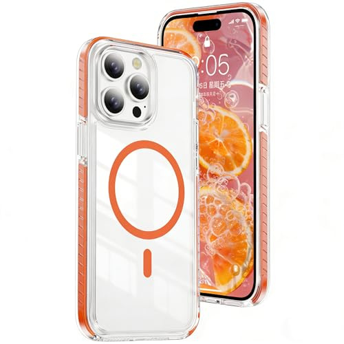 QIWEIQING Custodia Trasparente per iPhone 15 Pro 6.1, [Compatibile con MagSafe] Magnetica Sottile Anticaduta Anti-ingiallimento Protezione Militare Cover per iPhone 15 Pro 6.1. Arancione CT | Custodia trasparente anti-ingiallimento trasparente, sottile, militare, antiurto, protettiva per iPhone 15 Pro