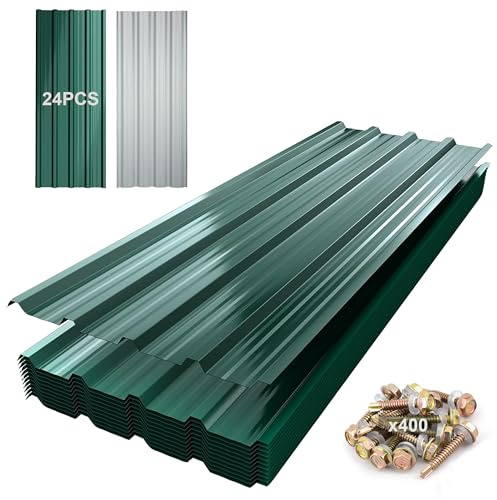 TEOV 24 Stück Trapezblech Dachplatten 115x45CM mit 400 Schraube, Verzinkt Metall Dachplatten Wellblechplatten, Grün 0,25mm Dachblech Rostresistent Wetterfest für Dächer Carports Geräteschuppen