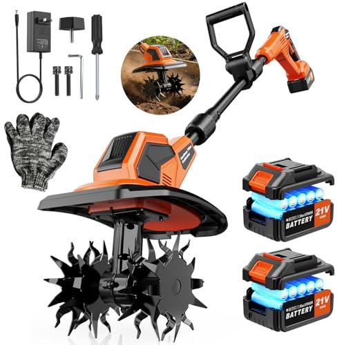 Gartenfräse Akku, Elektro-Bodenhacke 21V mit 2 x 3.0Ah Akkus, 400 U/min, 600W Bürstenloser Motorhacke, 23 cm Arbeitsbreite, 17 cm Arbeitstiefe, Verstellbarer Griff, für Bodenbearbeitung Gartenarbeit