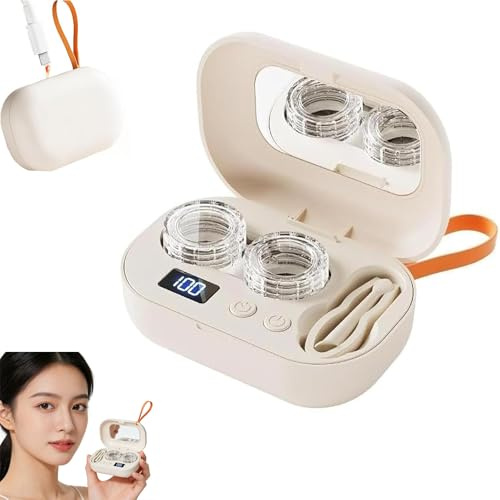 Ultrasonic Contact Lens Cleaner with Mirror, Rechargeable Portable Dual-Mode Lens Cleaning Machine for Hard & Soft Contacts, Travel & Home Use (White)