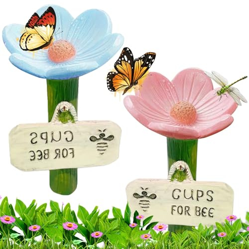 2pcs Bee Watering Station, Resin Flower Bee Waterer, Hygienic Thirsty Pollinators Feeder, Colorful Garden Pollinators Drinking Cups For Garden Lawn Pathway Driveway Patio, 6.5×11cm (Pink + Blue)