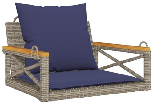QJBSAVVA Hamaca colgante con cojín – Banco balancín de poliratán para jardín y balcón – Balancín individual con marco de acero y madera de acacia – gris/azul marino – 63 x 62 x 40 cm