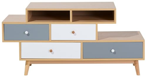 Beliani Kommode Holzoptik Hellbraun mit Griffen 4 Schubladen weiß/grau 2 Fächern Irvine