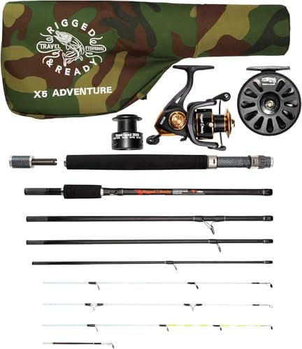 Rigged & Ready X5 Combination Travel Angelausrüstung | 5 Angelruten in Einer | austauschbare 2 Angelrolle, Fliege, Köder und Spule | Angelset komplett mit Flige und Spinnrolle