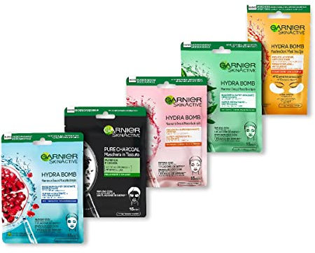 Garnier Maschera in Tessuto HydraBomb, 5 Maschere in Tessuto, Ciascuna con un Effetto Diverso, Per la Cura della Pelle, Confezione da 5