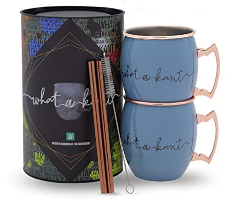 Whatakant - Moscow Mule Becher Set | 2er Großschot in Blau | 550 ml nachhaltige Kupferbecher und gerade Kupferstrohhalme in Geschenkverpackung | wiederverwendbares plastikfreies Bar Cocktail Set