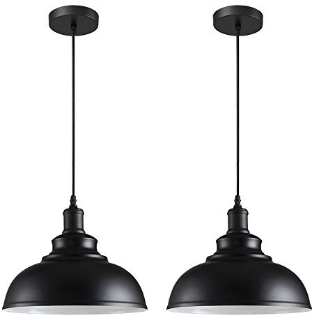 iDEGU Juego de 2 Lámparas de Techo Industriales, Lámpara Colgante Estilo Vintage Pantalla de 29CM en Metal E27 Iluminación Retro para Cocina Comedor Salón Restaurante (Negro, Interior Blanco)