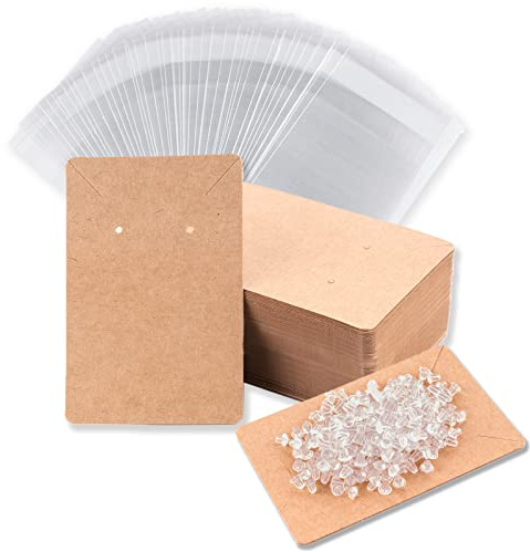 Earring Display Cards with 100 Pcs Earring Holder Cards 200 Pcs Earring Backs and 100 Jewelry Packaging for Earrings Necklace Jewelry Bags 3.5x2.4 Inches (Brown)