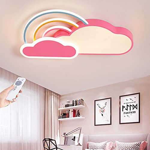 LED Deckenleuchte Kinderzimmer Deckenlampe Modern Cartoon Weiße Wolken Regenbogen Jungen Mädchen Deckenlicht Acryl Lampenschirm Fernbedienung Baby Schlafzimmer Wohnzimmer Kronleuchter,Rosa,65cm