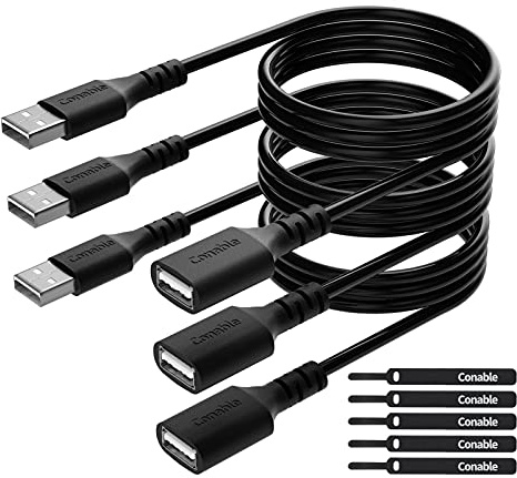 3 Pack USB Extension Cable 2 FT, Short USB 2.0 Type A Male to Female Extender Cord Adapter, Compatible with Printer, Keyboard, Mouse, Flash Drive, Hard Drive, Controller, Black Cable with 5 Cable Ties