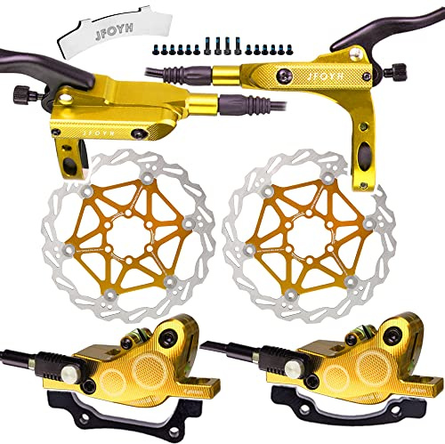 JFOYH 4-Piston MTB Hydraulic Brake Set with 160mm Floating Disc Rotors, Front and Rear Hydraulic Disc Brake Kit for MTB(Pre-Bled, Left-Front/Right-Rear)-Golden
