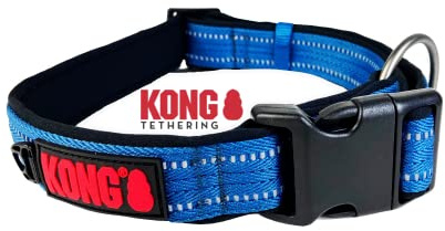 KONG Hundehalsband aus Nylon I größenverstellbares Halsband Hund I weich gepolstertes Hundehalsband mit Verschluss-Schnalle I reflektierendes Halsband mit großem Ring I blau I Größe: S