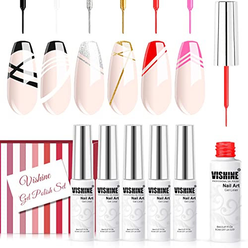Vishine Kit Vernis Gel Semi-Permanent Gel Vernis Manucure Nail Art 6 Couleurs Blanc Noir Argenté Pailleté Rose Vernis à Ongles Gel Ongle UV Gel Liner French Manucure Lot Vernis Semi Permanent 8ml