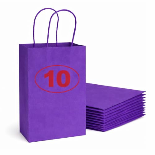 VEZODEK 10 Stück Papiertüten mit Henkel 24x20x8cm, Es Kann wie Verwendet werden Popcorn Tüten, Kraftpapier, Geschenktüten Kindergeburtstag, Butterbrottüten, Brottüten, Partytüten (Violett)
