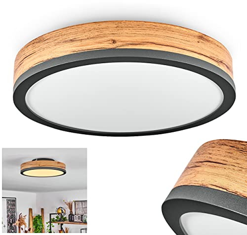 HOFSTEIN LED Deckenleuchte Salmi, Deckenpanel aus Metall/MDF/Kunststoff in Anthrazit/Holzoptik/Weiß, Leuchte im flachen Design, Ø 30 cm, 12 Watt, 950 Lumen, 3000 Kelvin, Esszimmer, Küche, Schlafzimmer