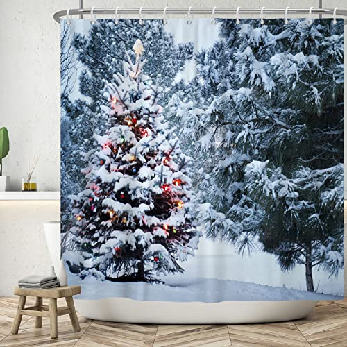 Bovlleetd 180x180cm Hiver Neige Rideau De Douche Lanterne Suspendue Arbre De Noël Salle De Bains Rideau 3D Pin Forêt Rideaux De Douche Imperméable Rideau De Bain avec Crochet