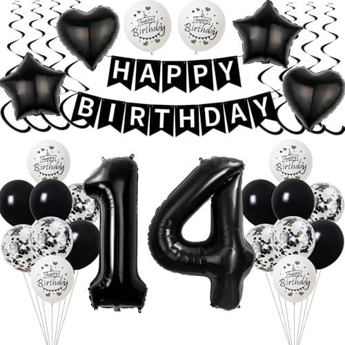 Schwarz Luftballon 14. Geburtstag Dekoration Junge Mädchen，deko 14 Jahre Geburtstag Junge,Geburtstagsdeko 14 Jahre Mädchen Folienballon 14. Ballon 14. Schwarz
