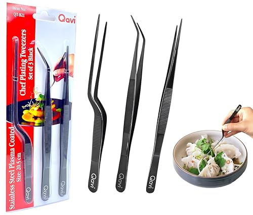 Professionell kockpläteringspincett, 20,5 cm set med 3 (rak, böjd och offset), precisionskulinariska tänger, handgjorda av högkvalitativt rostfritt stål plasmablagd | 20,5 cm svart