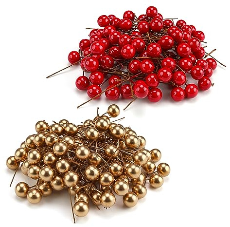 CHSEROK 200 Stücke Künstliche Beeren, 10mm Beeren Deko für Künstliche Tannenzweige, Gefälschte Früchte, Künstliche Beerenzweige, für DIY Basteln, Geschenkbox, Girlande Selber Machen (Gold und Rote)