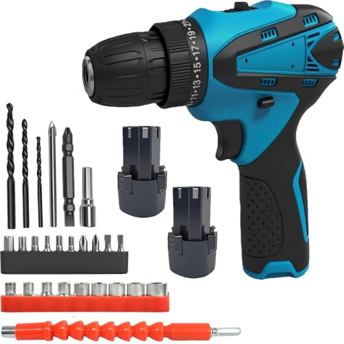 12V Cordless Drill Driver 45Nm Electric Screwdriver, 3/8 Chuck, 2 3000mA