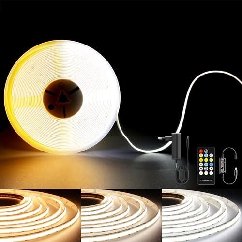 TTWAY CCT COB LED Streifen 3M, Dimmbar 2700K- 6500K 24V einstellbare weiße lichtleisten led Lichter Set mit RF Steuerung und Adapter, 608LEDs/m CRI93+ Daul weiße LED Strip für Innen,zimmer, DIY.