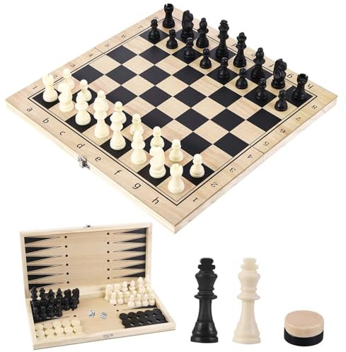 Schachspiel, 3 in 1 Schachbrett Holz Klappbare Hochwertig Schach Dame Backgammon, Tragbares Schachset für Kinder und Erwachsene Familie Party Reisen (29x29cm)