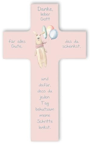 Fritz Cox Kinderkreuz Häschen | christliches Geschenk für Kinder | Danke lieber Gott rosa,15cm