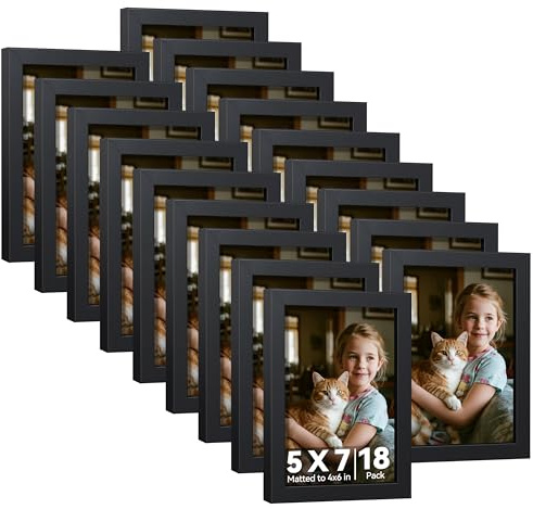 HappyHapi 5x7 Picture Frames Set of 18, Black Photo Frames, Display Pictures 5x7 without Mat or 4x6 with Mat, Wall Hanging Photo Frame or Tabletop Display