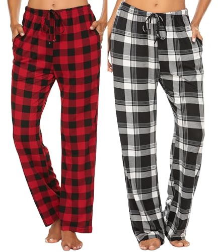 Ekouaer 2er Pyjamahose Damen Lang Schlafhose Karierte Schlafanzughose Freizeithose mit Taschen S-XXL