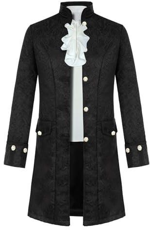 FOVER Herren Vintage Steampunk Jacke mit Rüschenhemd Mittelalter Hemd Viktorianischen Gehrock Uniform Set Piraten Cosplay Gothic Mantel Herren für Karneval Fasching Halloween FR045XL